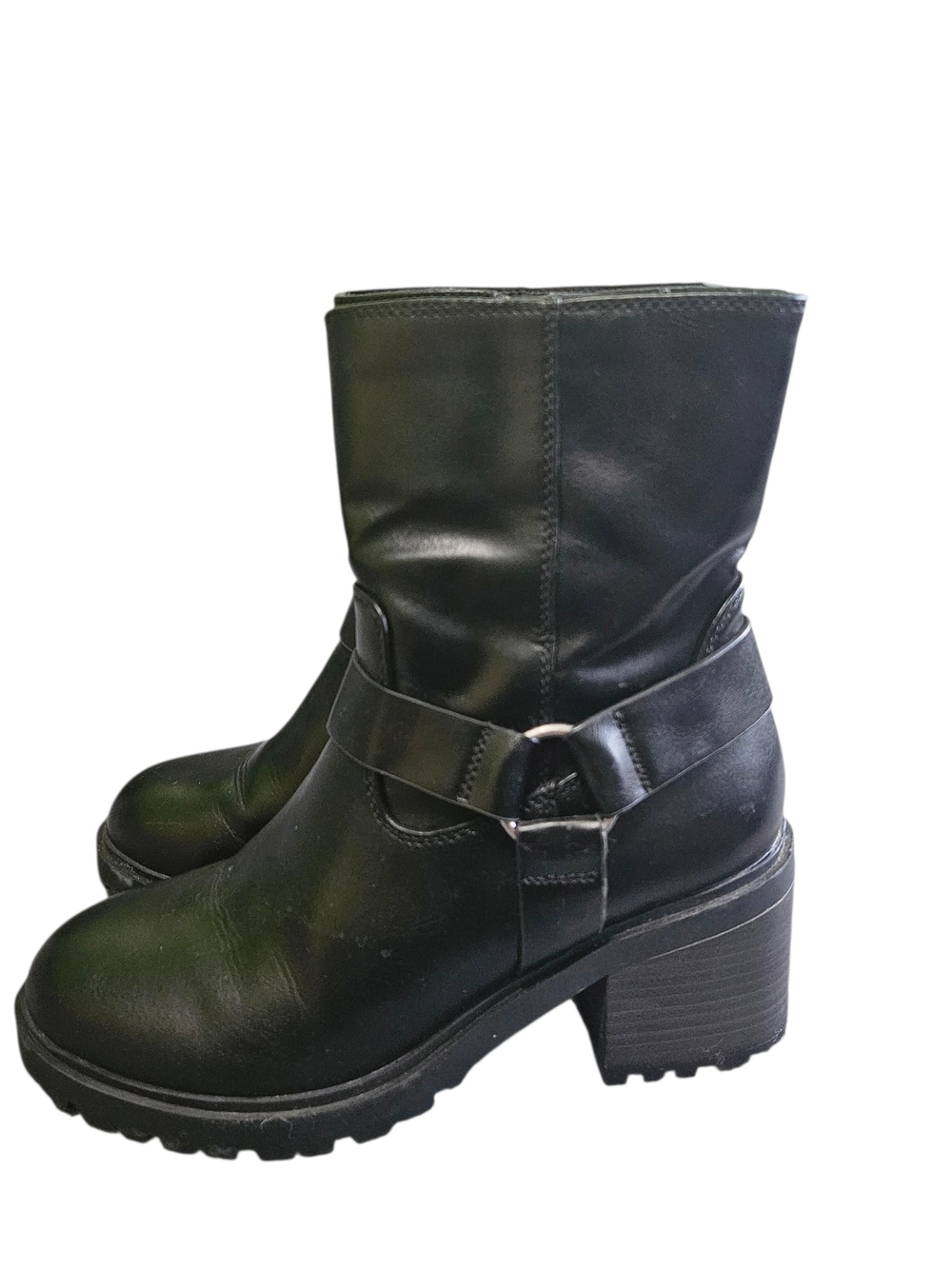 Free People Black Leather Moto Biker Boots Mid-Calf Harness Buckle Block Heel